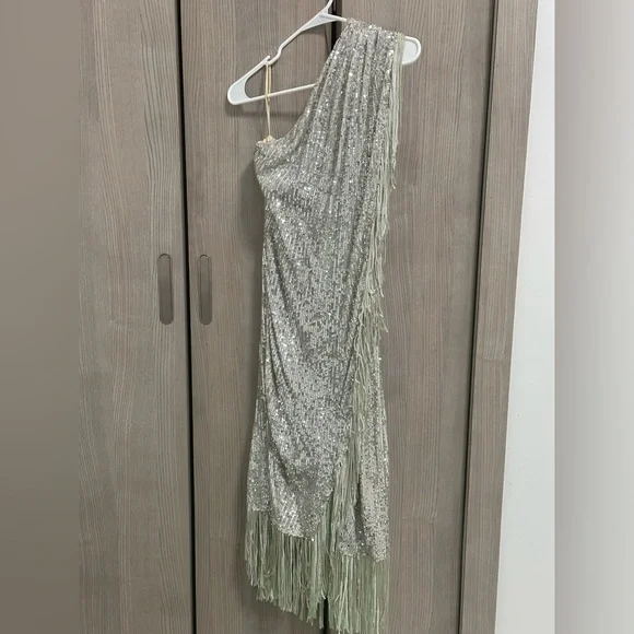 Badgley Mischka | Dresses | Badgley Mischkafringed Sequin Oneshoulder Dress  | Poshmark